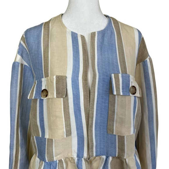Zara Linen Blend Striped Open Front Blazer Jacket Peplum Hem Boho Spring Sz S - Picture 4 of 16